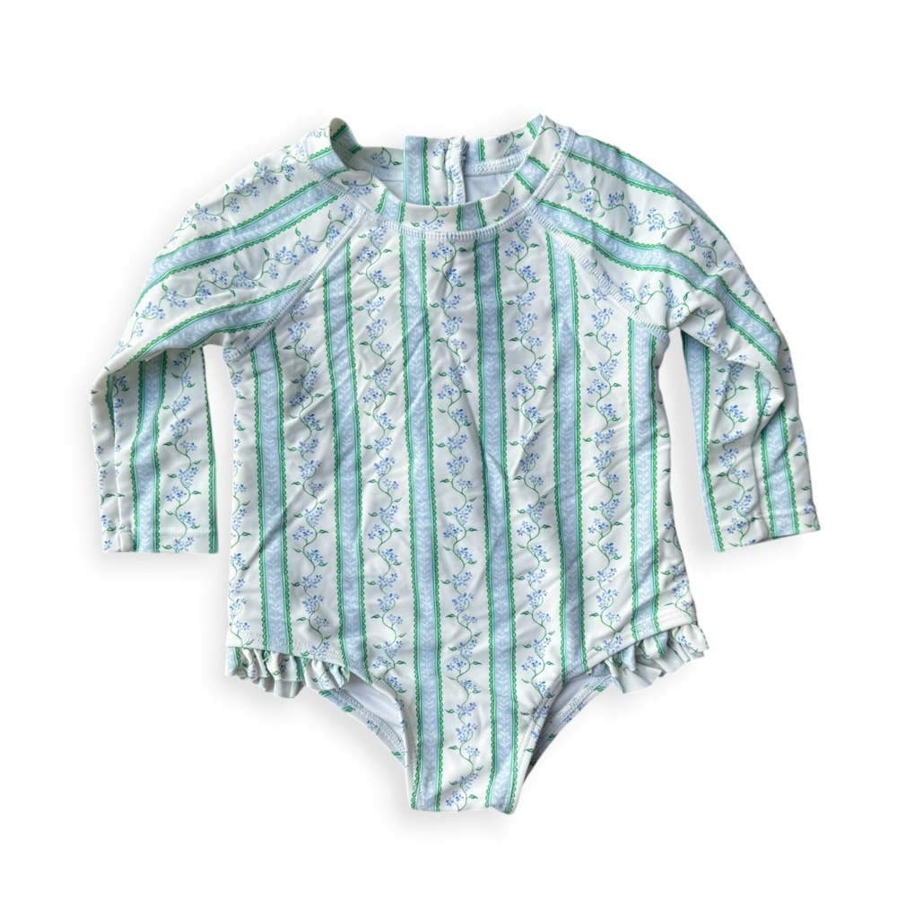 Edgehill Collection Baby Girls Blue Green Floral Stripe Long Sleeve Swimsuit 12M